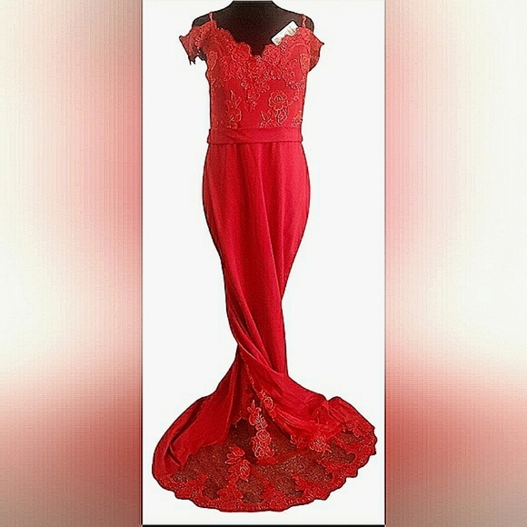 Glam Holiday Red 14 Formal Antique Lace Embroidered Floral Castle Gown New - Picture 3 of 6